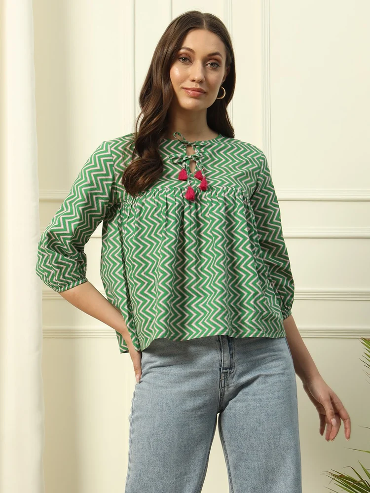 FIORRA Women s Green Strip Printed Cotton Top